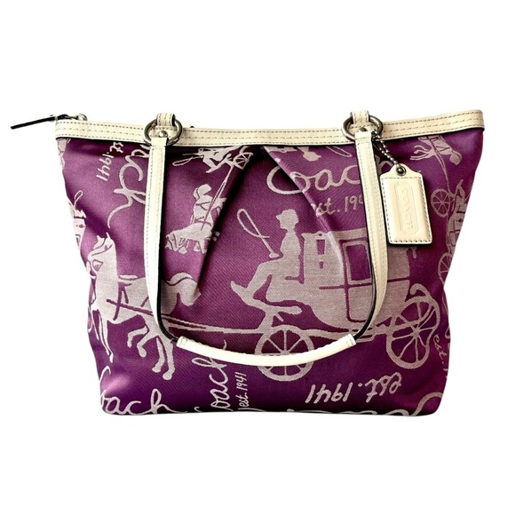 Coach Purple Satin White Leather Carriage Print Tote Bag Purse Zipper Vintage - Picture 1 of 12